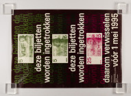Documents - DNB poster concerning the exchange of 5 and 25 guilder notes before May 1, 1995 - added 5 pseudo printing sheets of 2000 guilder notes 195...