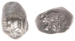 Asia Minor - Mysia - Kyzikos - AR Hemiobol (c. 450-400 BC, 0,42g) - Forepart of boar to left, tunny fish upwards behind / Head of lion to left within ...