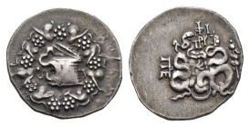 Asia Minor - Mysia - Pergamon - AR Cistophoric Tetradrachm (c. 76-67 BC, 12.5g) - Cista mystica with serpent. all within ivy wreath / Bow-case with se...