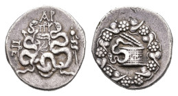 Asia Minor - Mysia - Pergamon - AR Cistophoric Tetradrachm (c. 88-85 BC, 12.19g) - Cista mystica with serpent, all within ivy wreath / Bow-case with s...