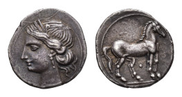 North Africa - Zeugitana / Carthage - AR 1/4 Shekel (Second Punic War, Italian mint, c. 216-211 BC, 1.88g) - Wreathed head of Tanit left / Horse stand...