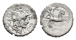 Later-Denarius Coinage (ca. 154-41 BC) - L. Pomponius Cn.f. - AR Serrate Denarius (Narbo 118 BC, 3,63g) - Helmeted head of Roma right, X to left / Gal...