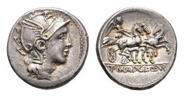 Later-Denarius Coinage (ca. 154-41 BC) - T. Manlius Mancinus, Appius Claudius Pulcher and Q. Urbinus - AR Denarius (Rome 111-110 BC, 4.01g) - Helmeted...
