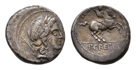 Later-Denarius Coinage (ca. 154-41 BC) - P. Crepusius – AR Denarius (Rome BC 82, 3.87 g) – Laureate head of Apollo right, sceptre over shoulder / Hors...