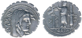 Later-Denarius Coinage (ca. 154-41 BC) - A. Postumius Albinus - AR Denarius serratus (Rome 81 BC, 3.77g) - HISPAN Veiled head of Hispania right / A PO...