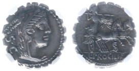 Later-Denarius Coinage (ca. 154-41 BC) - L. Procilius - AR Serrate Denarius (Rome 80 BC, 3.82g) - Head of Juno Sospita right, wearing goat-skin headdr...