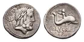 Later-Denarius Coinage (ca. 154-41 BC) - L. Lucretius Trio – AR Denarius (Rome 76 BC, 3.92g) – Laureate head of Neptune right, trident over shoulder, ...