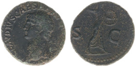 Roman Imperial Coinage - Claudius (41-54) - AE As (Rome AD 41-42, 10.62g) - Bare head left / Minerva advancing right, brandishing spear and holding sh...