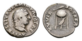 Roman Imperial Coinage - Vitellius (69) - AR Denarius (Rome AD 69, 3.02 g) – A VITELLIVS GERM IMP AVG TR P, laureate head right / XV VIR SACR FAC, tri...