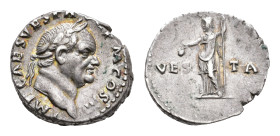 Roman Imperial Coinage - Vespasianus (69-79) - AR Denarius (Rome AD 72, 3.33 g) – IMP CAES VESP AVG PM COS IIII Laureate head right / VESTA Vesta stan...