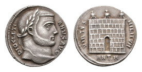 Roman Imperial Coinage - Diocletianus (284-305) - AR Argenteus (Antioch AD 297, 3.26g) - DIOCLETIANVS AVG |Laureate head right / VIRTVS MILITVM Three-...