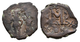 Byzantine Coinage - Heraclius (610-641) - With Heraclius Constantine - AE Follis (Constantinople AD 629-631, 8.20g) - Heraclius, holding long cross, a...