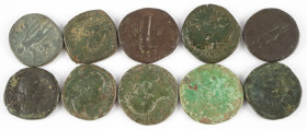 Ancient coins in lots - Roman coinage - A small collection of Roman Sestertii: Domitianus, 2 x Antoninus Pius, Marcus Aurelius, Hadrianus, Commodus an...