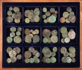 Ancient coins in lots - Miscellaneous coinage - A wooden cassette with ancient bronzes: Greek, Roman, Roman Provincial etc., many with countermarks, s...