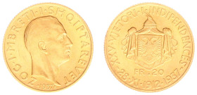 Albania - King Zog I (1925-1939) - 20 Franga Ari 1937-R - 25th Anniversary of Independence (KM20, Fr.12) - Obv: Head right / Rev: Crowned and mantled ...