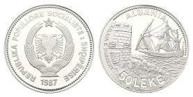 Albania - Socialist Republic (1945-1990) - 50 Leke 1987 - Seaport of Durazzo (KM58) - Obv: National arms / Rev: Seaport left of sailing ship - Silver,...