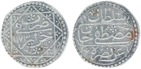 Algeria - Ottoman Empire - Mustafa III (1757-1774) - ¼ Budju AH1173 (KM26, Dam. 26CZ-G1c-1173 – Obv. 3-lines sultan’s name / Rev: mint and year in orn...