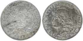 Argentina - Republic - Peso 1882 (KM29, Eliz.33) - Obv: Flagged arms within wreath / Rev: Capped Liberty head - XF, toning