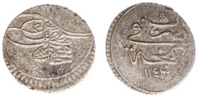 Azerbaijan - Mahmud I (1730-1754) - Abbasi AH1143, Gence (Ganja) mint (KM16, Dam.24GN-G1b) - Obv: Toughra / Rev: Mint, year - 5.37g. - VF, obv. off ce...