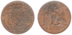 Belgium - Leopold I (1831-1865) - 5 Centimes 1855 - small 55 (KM5.1, Aern.14) - Obv: Crowned monogram / Rev: Lion with tablet - 9.98 g. - good VF, rar...