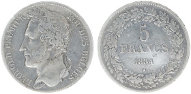 Belgium - Leopold I (1831-1865) - 5 Francs 1834 - pos. A (KM3.1, Aern.124) - Obv: Laureate head left / Rev: Value within wreath - cleaned, F/VF