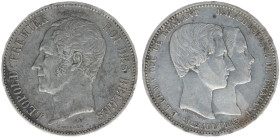 Belgium - Leopold I (1831-1865) - 5 Francs 1853 - Marriage Duke and Dutchess of Brabant, dash between dates (KM X2.1, Aern.2.2) - Obv: Head left / Rev...