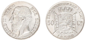 Belgium - Leopold II (1865-1909) - 50 Centimes 1899 (over 86) - VL (KM27, Aern.67) - Obv: Head left / Rev: Crowned arms on ornate shield - UNC