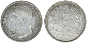 Belgium - Leopold II (1865-1909) - 2 Francs 1904-VL (KM58.2, Aern.116) - Obv: Head left / Rev: Value within wreath - UNC, beautiful patina