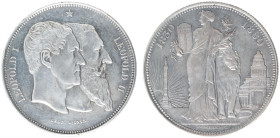 Belgium - Leopold II (1865-1909) - 5 Francs 1880 - 50th Ann. of Independence (KM X8, Aern.4.2) - Obv: Conjoined heads Leopold I & II right / Rev: Belg...