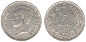 Belgium - Albert I (1909-1934) - 5 Francs 1 Belga 1934 FR Aern. 130 - Obv: Head left / Rev: Value within wreath - Position B - VF+