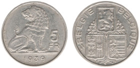Belgium - Leopold III (1934-1950) - 5 Francs 1838 BELGIE-BELGIQUE (Aern. 134) . Lion left and denomination, three shields BELGIE-BELGIQUE (Aern. 134);...