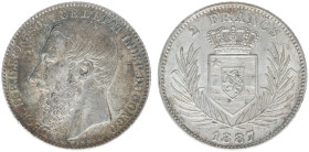 Belgian Congo - Congo Freestate - Leopold II (1865-1908) - 2 Francs 1887 (KM7, Aern.10) - Obv: Head left / Rev: Crowned arms within wreath - UNC
