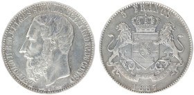 Belgian Congo - Congo Freestate - Leopold II (1865-1908) - 5 Francs 1887 (KM8.1, Aern.12) - Obv: Head left / Rev: Crowned arms with lion supporters - ...