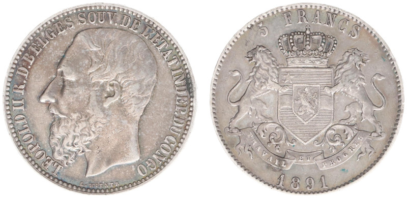 Belgian Congo - Congo Freestate - Leopold II (1865-1908) - 5 Francs 1891 (KM8.1,...
