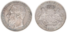 Belgian Congo - Congo Freestate - Leopold II (1865-1908) - 5 Francs 1891 (KM8.1, Aern.12) - Obv: Head left / Rev: Crowned arms with lion supporters - ...