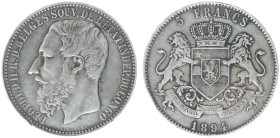 Belgian Congo - Congo Freestate - Leopold II (1865-1908) - 5 Francs 1894 (KM8.1, Aern.12) - Obv: Head left / Rev: Crowned arms with lion supporters - ...