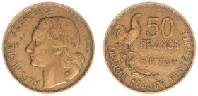 France - Fourth Republic (1947-1958) - 50 Francs 1950 (KM918.1, Gad.880) - Obv: Head left / Rev: Value and rooster - VF, rare coin
