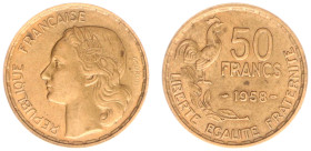 France - Fourth Republic (1947-1958) - 50 Francs 1958 (KM918.1, Gad.880) - Obv: Head left / Rev: Value and rooster - XF, key date