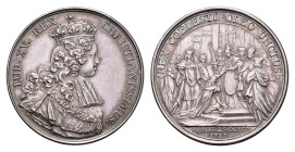 France - Medals, Tokens & Jetons - 1722 - Medal 'Consecration of king Louis XV in Reims' by Roettiers - Obv. Crowned bust of Louis XV right / Rev. Con...