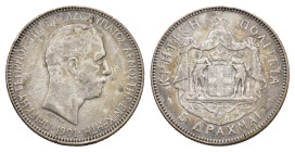 Greece - Crete - Greek Administration - 5 Drachmai 1901 (KM9, Divo130, Geo.12) - Obv: Head right / Rev: Crowned and mantled arms - F/VF