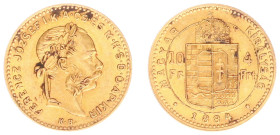 Hungary - Franz Joseph I (1848-1916) - 4 Forint 10 Francs 1884-KB (KM466, Husz.2121, Her.307, Fr.247) - Obv: Laureate head right / Rev: Crowned arms, ...