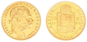 Hungary - Franz Joseph I (1848-1916) - 8 Forint 20 Francs 1890-KB (KM467, Husz.2117, Her.266, Fr.243) - Obv: Laureate head right / Rev: Crowned shield...