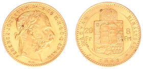 Hungary - Franz Joseph I (1848-1916) - 8 Forint 20 Francs 1891-KB (KM477, Husz.2118, Her.276, Fr.244) - Obv: Laureate head right / Rev: Crowned shield...