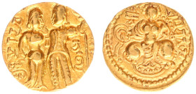 India - Imperial Guptas - Samudragupta (ca. 344-374 AD) - King-and-Queen Type, AV dinara, 7.47 g, 20 mm, specific gravity 16.7 - Obv.: Nimbate royal p...