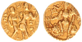 India - Imperial Guptas - Samudragupta (ca. 344-374 AD) - King-and-Queen Type, AV dinara, 7.76 g, 18 mm, specific gravity 14.97. Obv.: Elegant and nim...