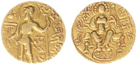India - Imperial Guptas - Samudragupta (ca. 344-374 AD) - Sceptre Type, AV dinara, 7.48 g, 20.2 mm, specific gravity 15.03 - Obv.: Nimbate king holdin...
