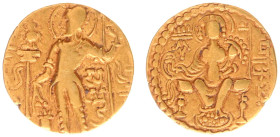 India - Imperial Guptas - Samudragupta (ca. 344-374 AD) - Sceptre Type, AV dinara, 7.49 g, 20 mm, specific gravity 15.55. Obv.: Tall, nimbate king hol...
