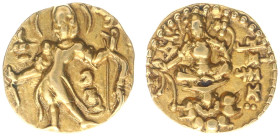 India - Imperial Guptas - Candragupta II Vikramaditya (c. 376-412 AD) - Archer Type, AV dinara, 7.73 g, 18.5 mm, specific gravity 14.89. Obv.: Large-h...