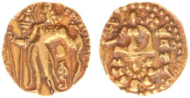 India - Imperial Guptas - Candragupta II Vikramaditya (c. 376-412 AD) - Archer Type, AV dinara, 8.05 g, 19 mm, specific gravity 16.17. Obv.: Large, el...