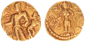 India - Imperial Guptas - Candragupta II Vikramaditya (c. 376-412 AD) - Chattra Type, AV dinara, 7.70 g, 19 mm, specific gravity 15.16. Obv.: Moustach...